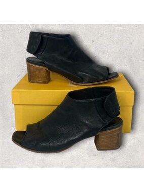 Mimosa Black Leather Peep Toe Ankle Boots Ankle Cut Out Booties Strap Block Heel